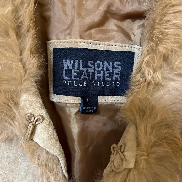 Wilsons Leather Pelle Studio Women’s Tan Leather Fur Trim Moto Bomber Jacket Lg - Picture 2 of 7